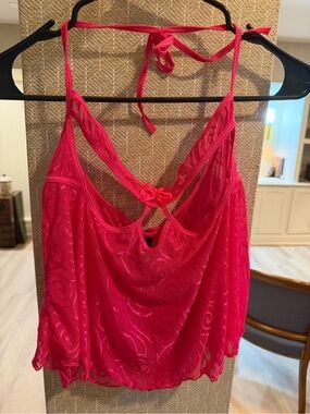 Exposed by Magic Silk Hot Pink Mesh Rosette Open Bust Halter Camisole L/XL